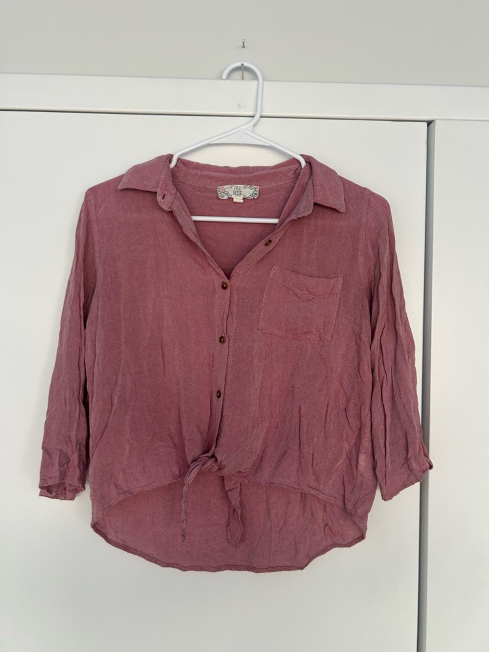 Pink Rose Mauve Button-Front Tie Hem Shirt